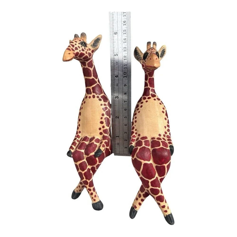 2 Hand Carved Wooden Giraffe Shelf Sitter Figurine African Safari Animal Decor